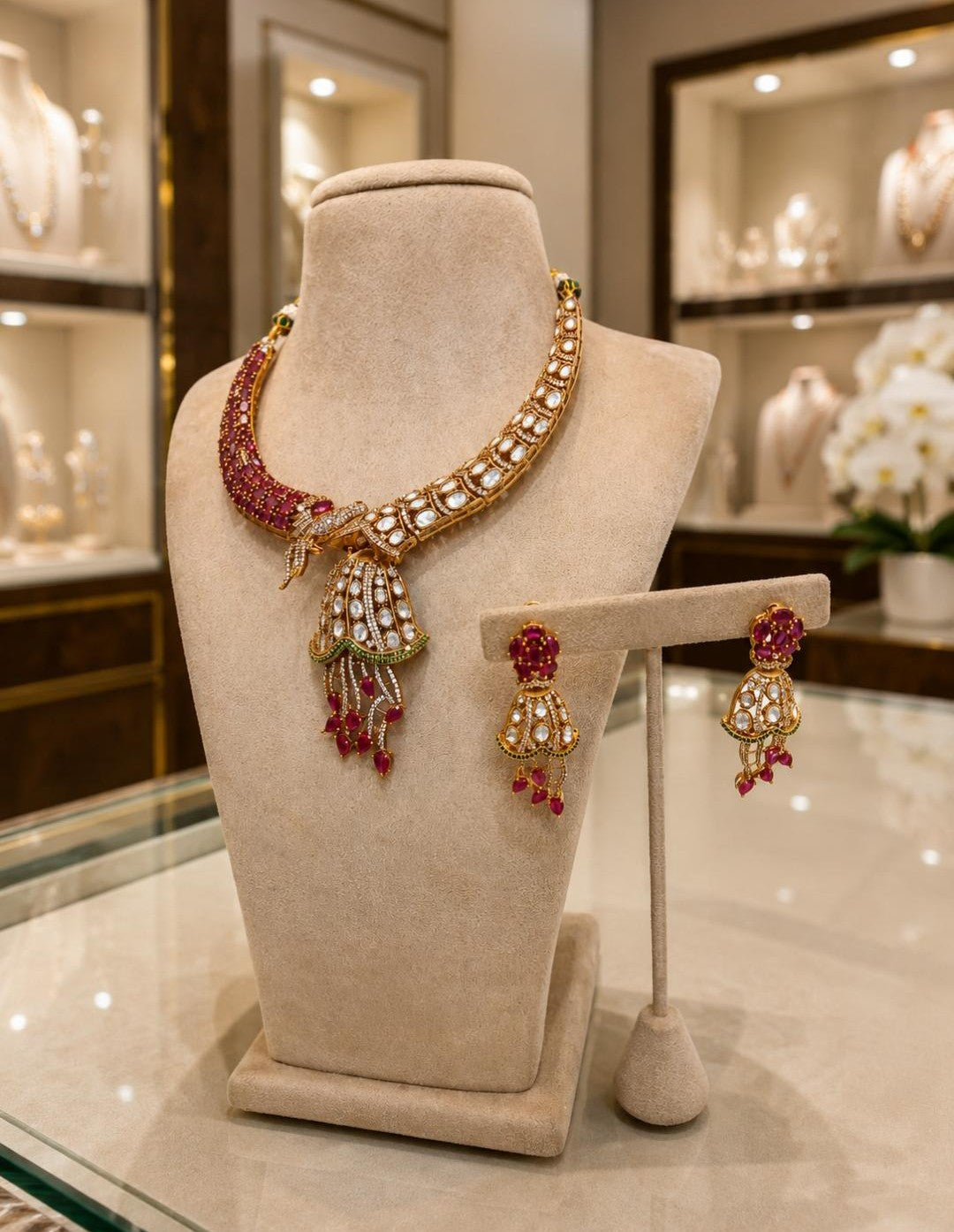 Ruby Pink Kundan Choker Necklace Set with Matching Earrings