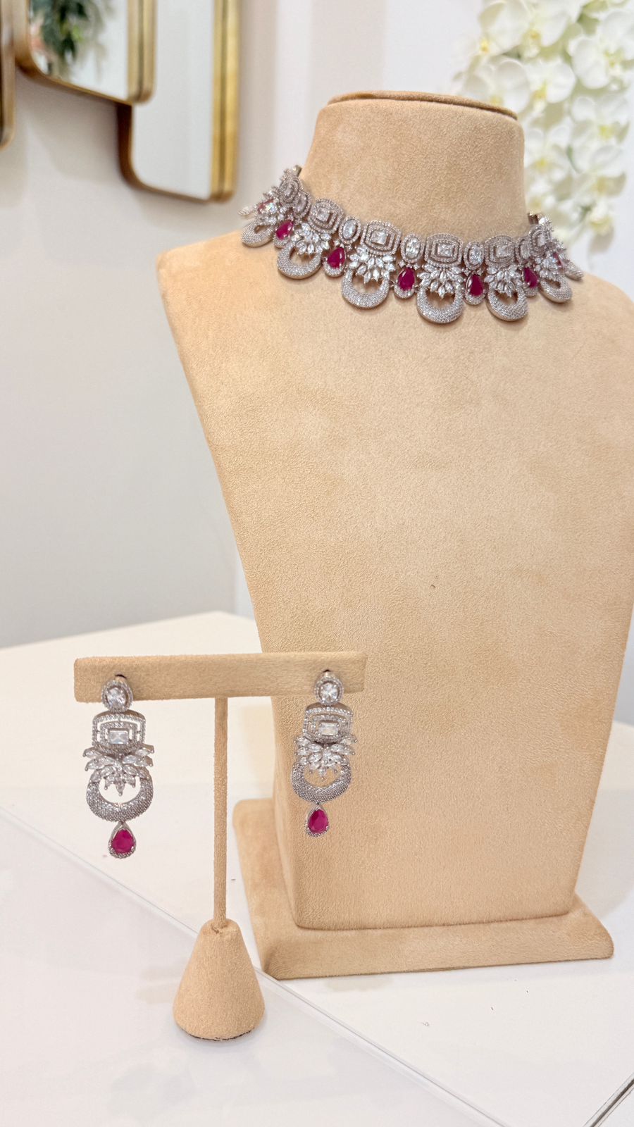 Ruby Pink Silver Crystal Choker Set with Matching Drop Earrings