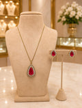 Ruby Pink Teardrop Pendant Necklace Set with Matching Earrings