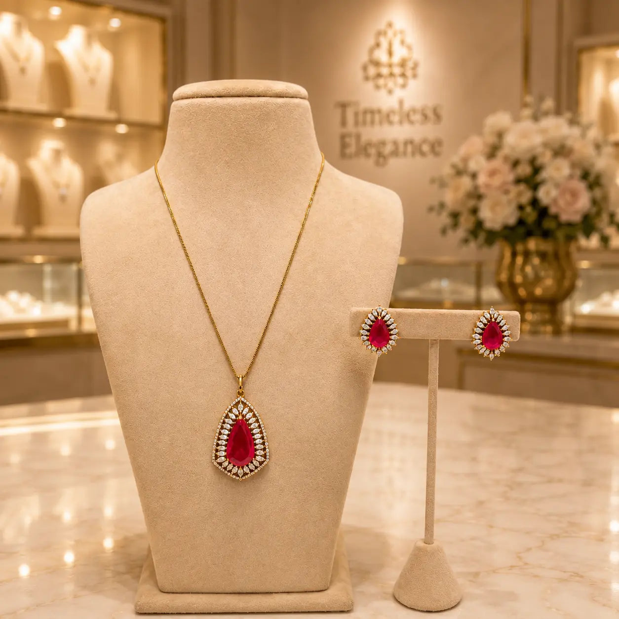 Ruby Pink Teardrop Pendant Necklace Set with Matching Earrings