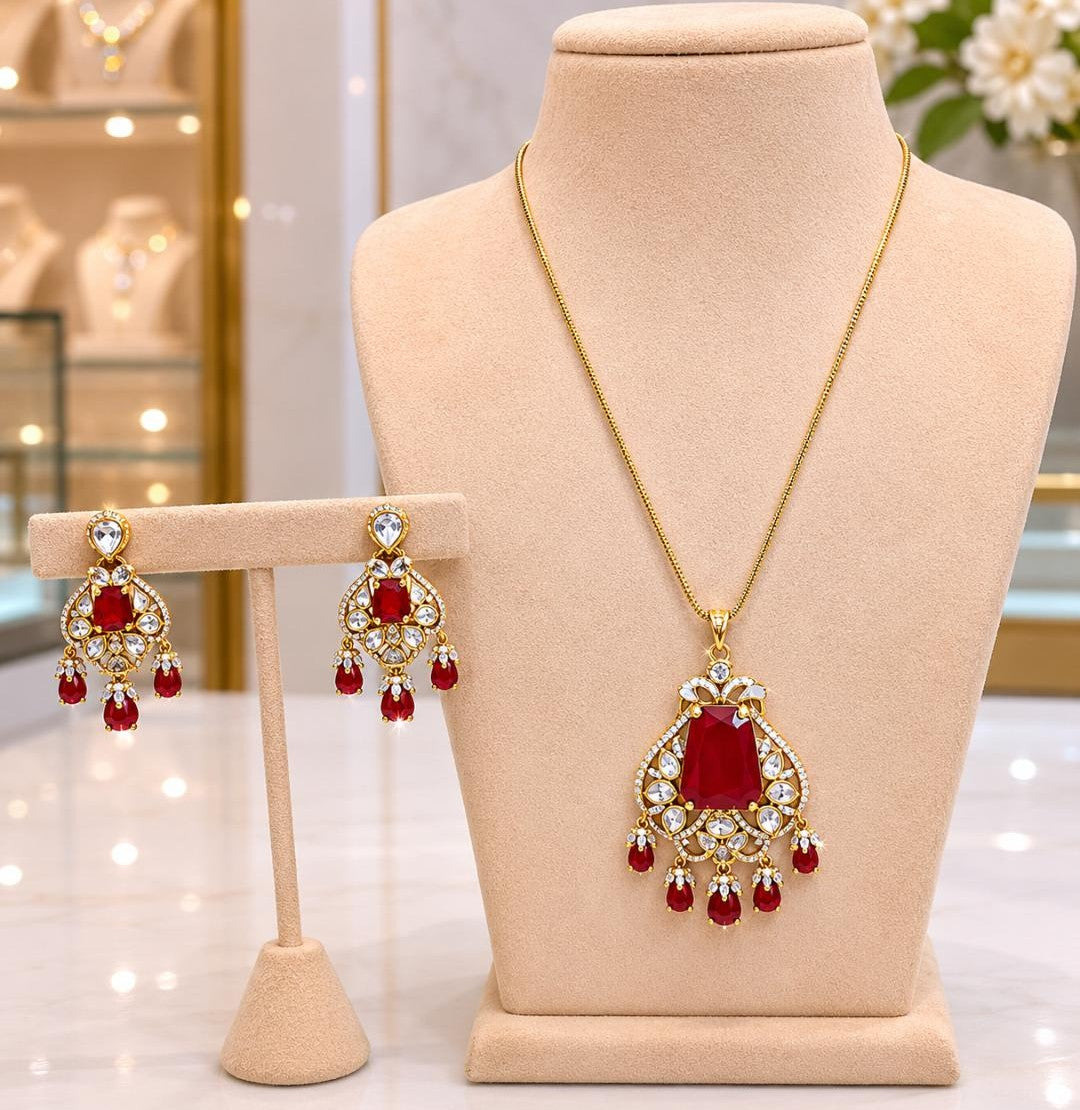 Ruby Red Bridal Pendant Necklace Set with Matching Earrings