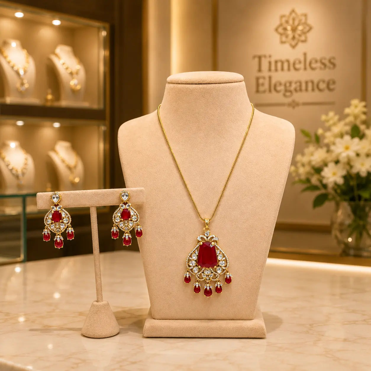 Ruby Red Bridal Pendant Necklace Set with Matching Earrings