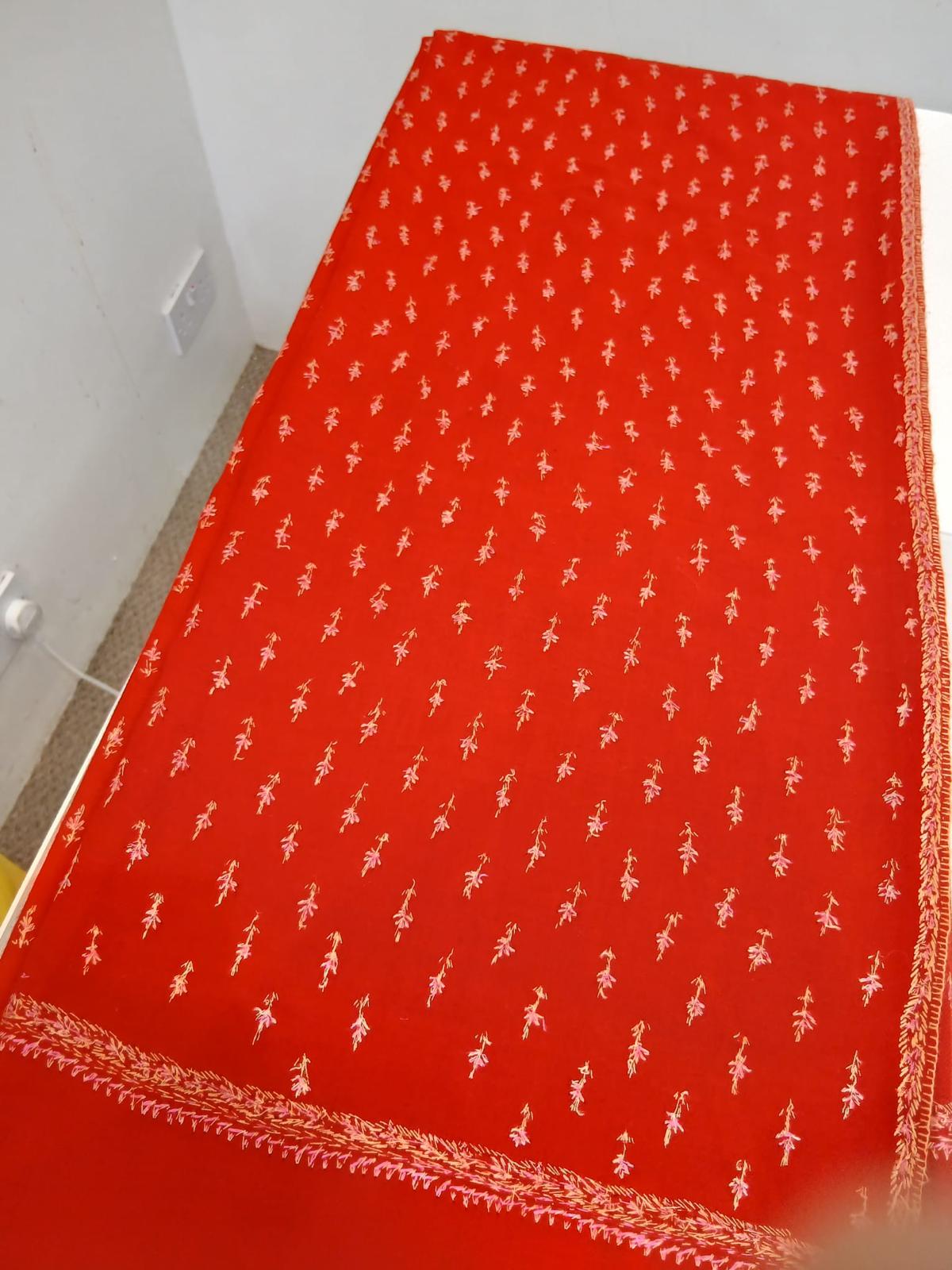 Ruby Red Kashmiri Embroidered Wool Shawl with Delicate Floral Buti Border
