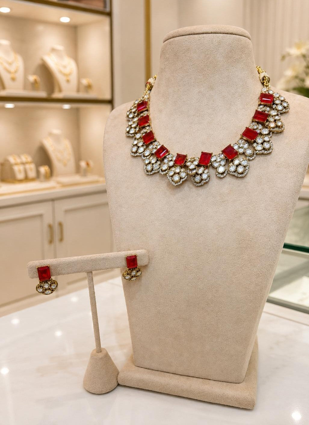 Ruby Red Kundan Choker Necklace Set with Matching Earrings