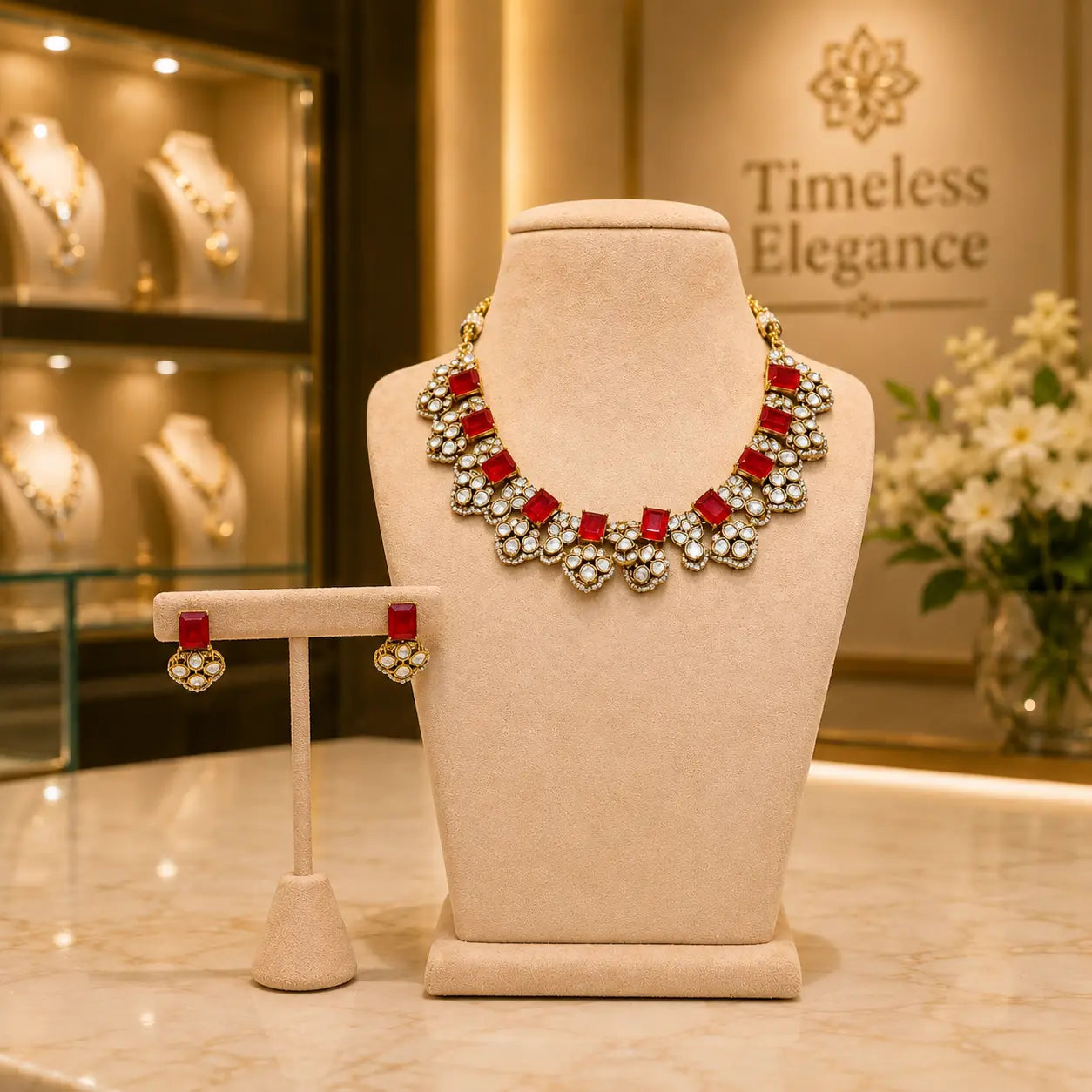Ruby Red Kundan Choker Necklace Set with Matching Earrings