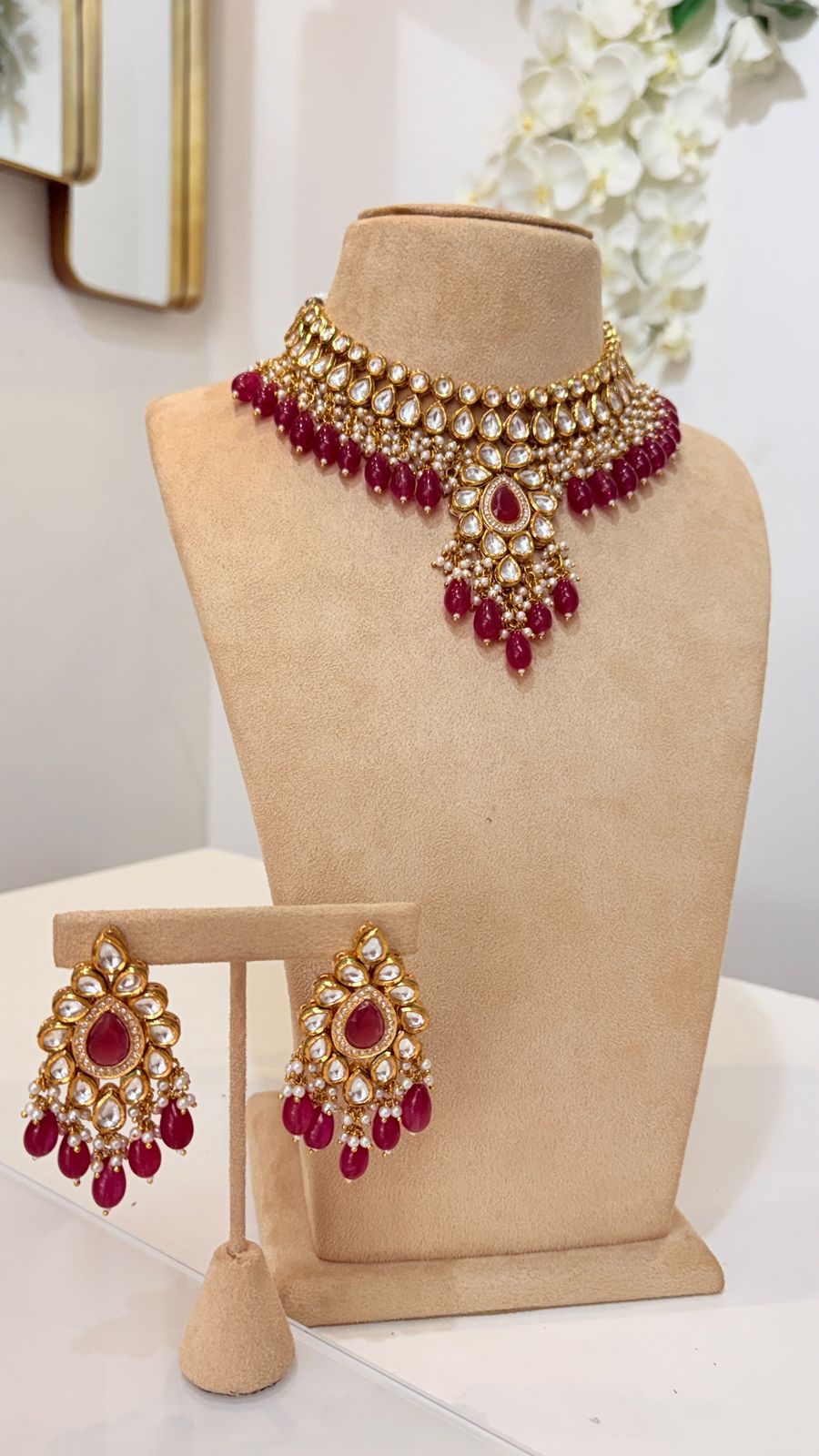 Ruby Red Kundan Choker Set with Pearl Detail Earrings