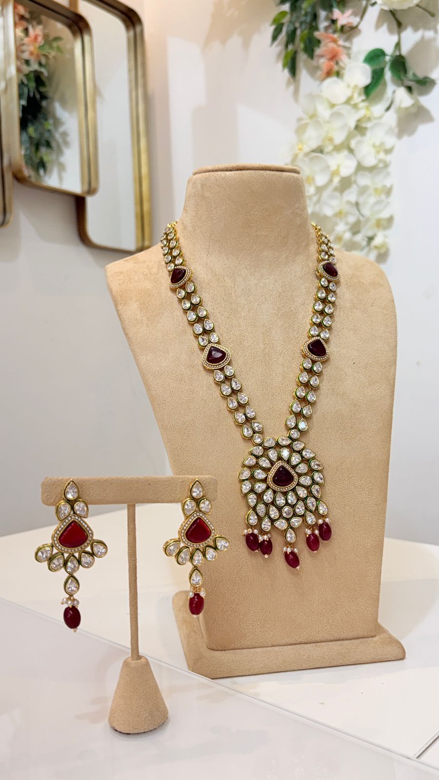 Ruby Red Kundan Necklace Set with Matching Drop Earrings