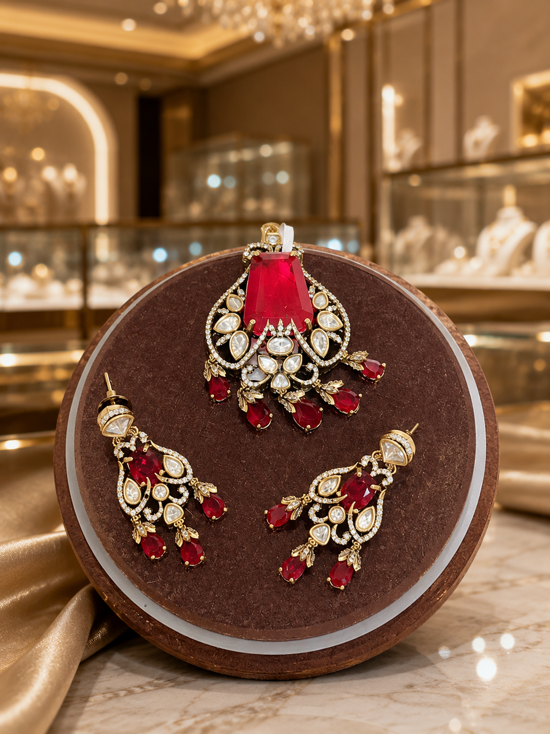 Ruby Red Kundan Pendant Set with Matching Chandelier Earrings