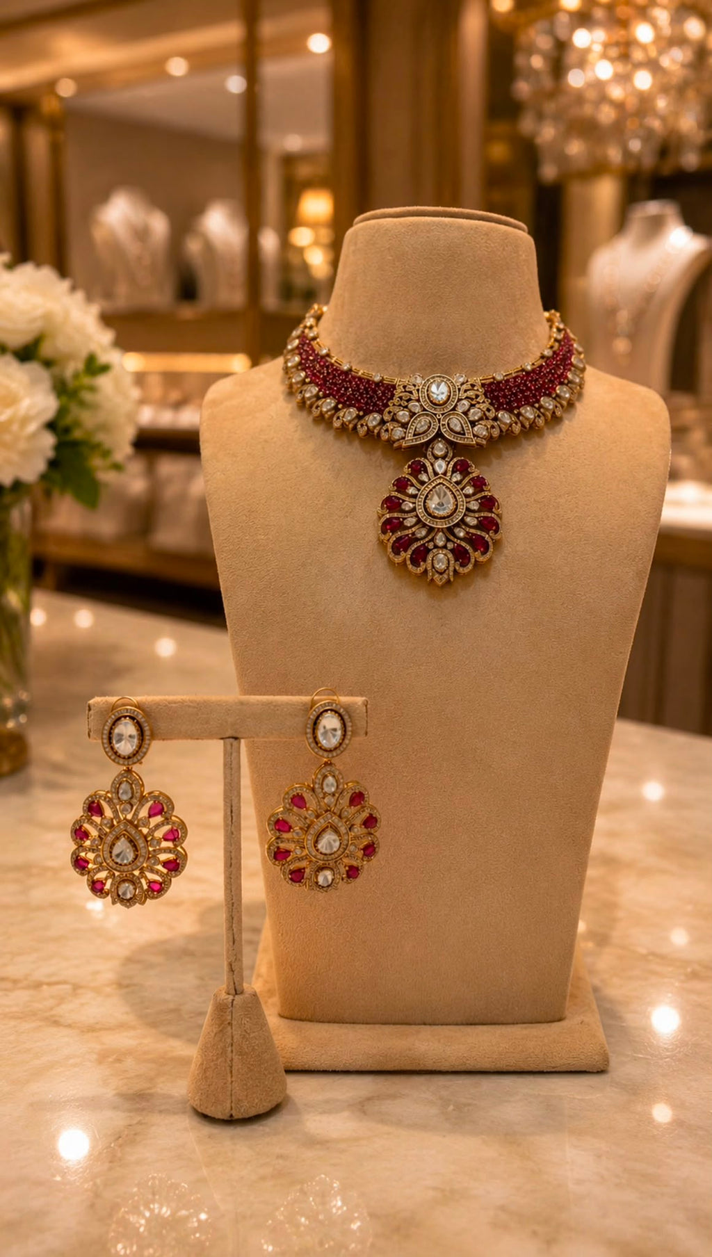 Ruby Red Kundan Style Choker Necklace and Earrings Set