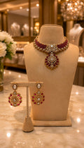 Ruby Red Kundan Style Choker Necklace and Earrings Set