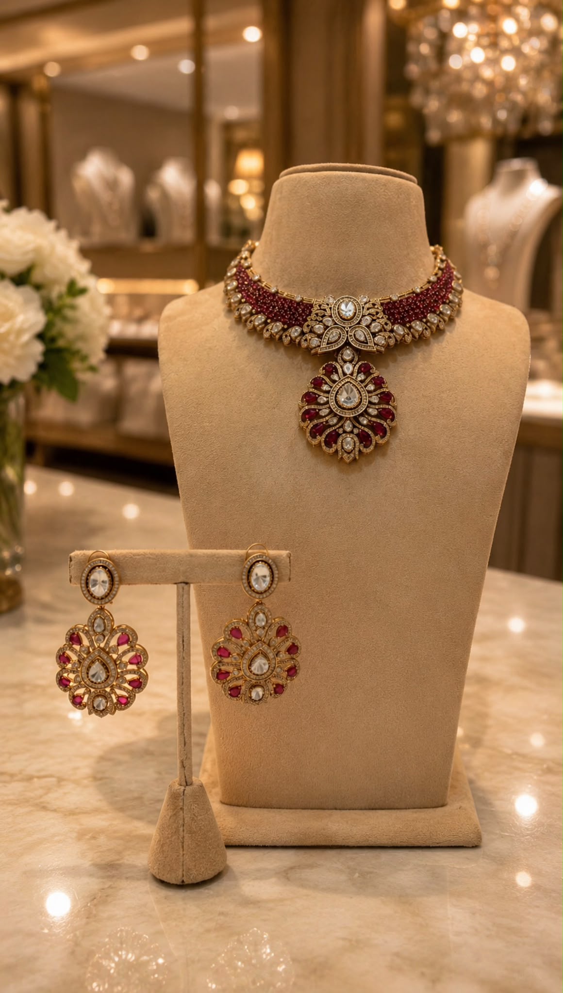 Ruby Red Kundan Style Choker Necklace and Earrings Set