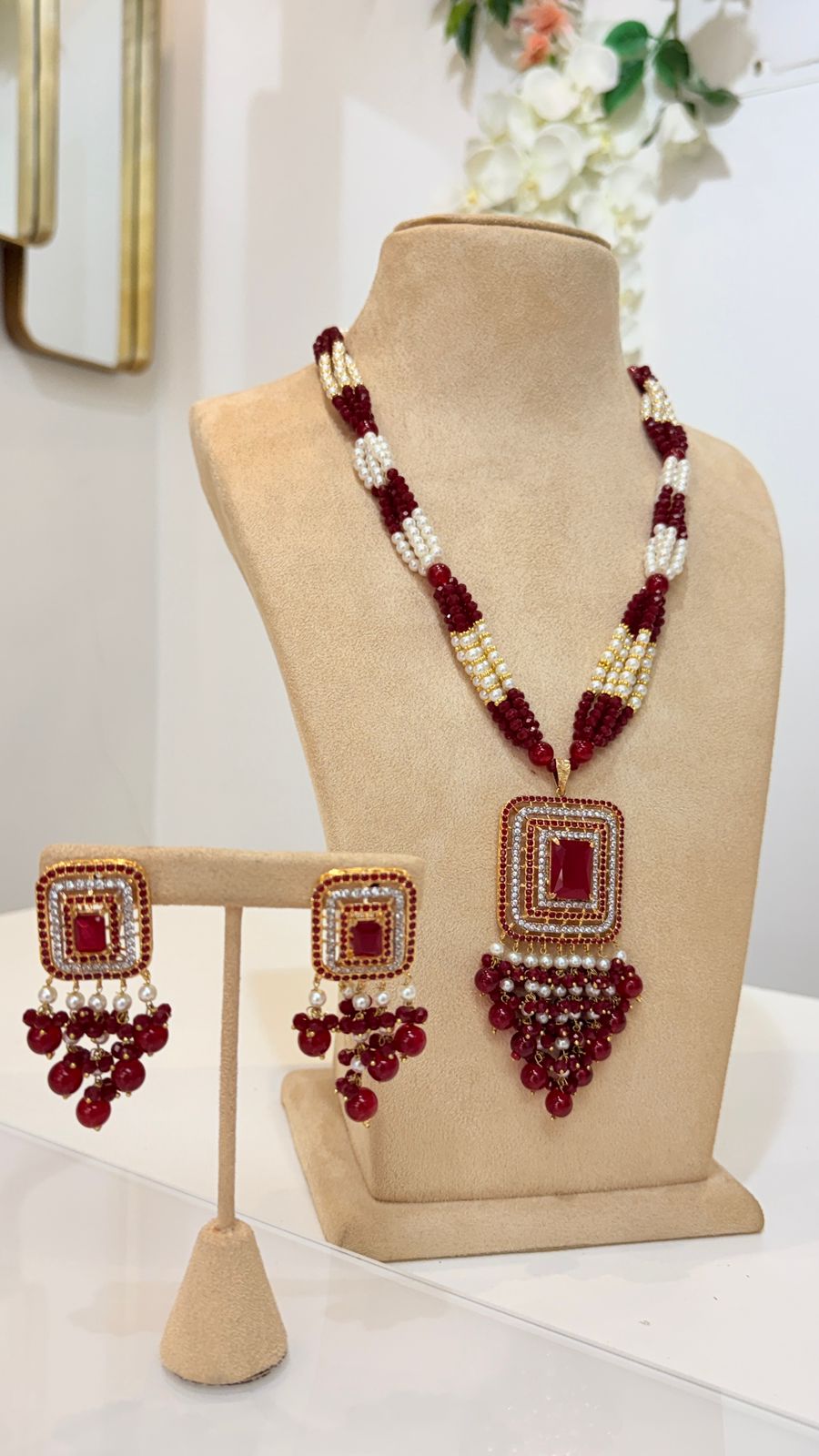 Ruby Red Pearl Kundan Necklace Set with Matching Earrings