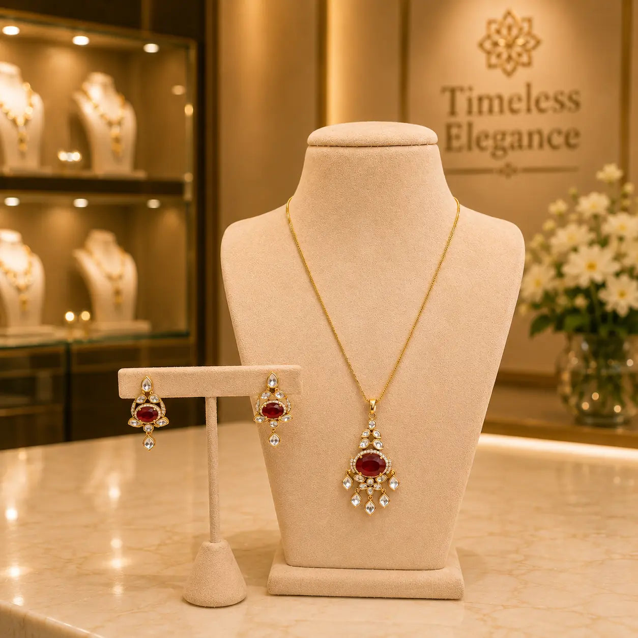 Ruby Red Pendant Necklace Set with Matching Earrings