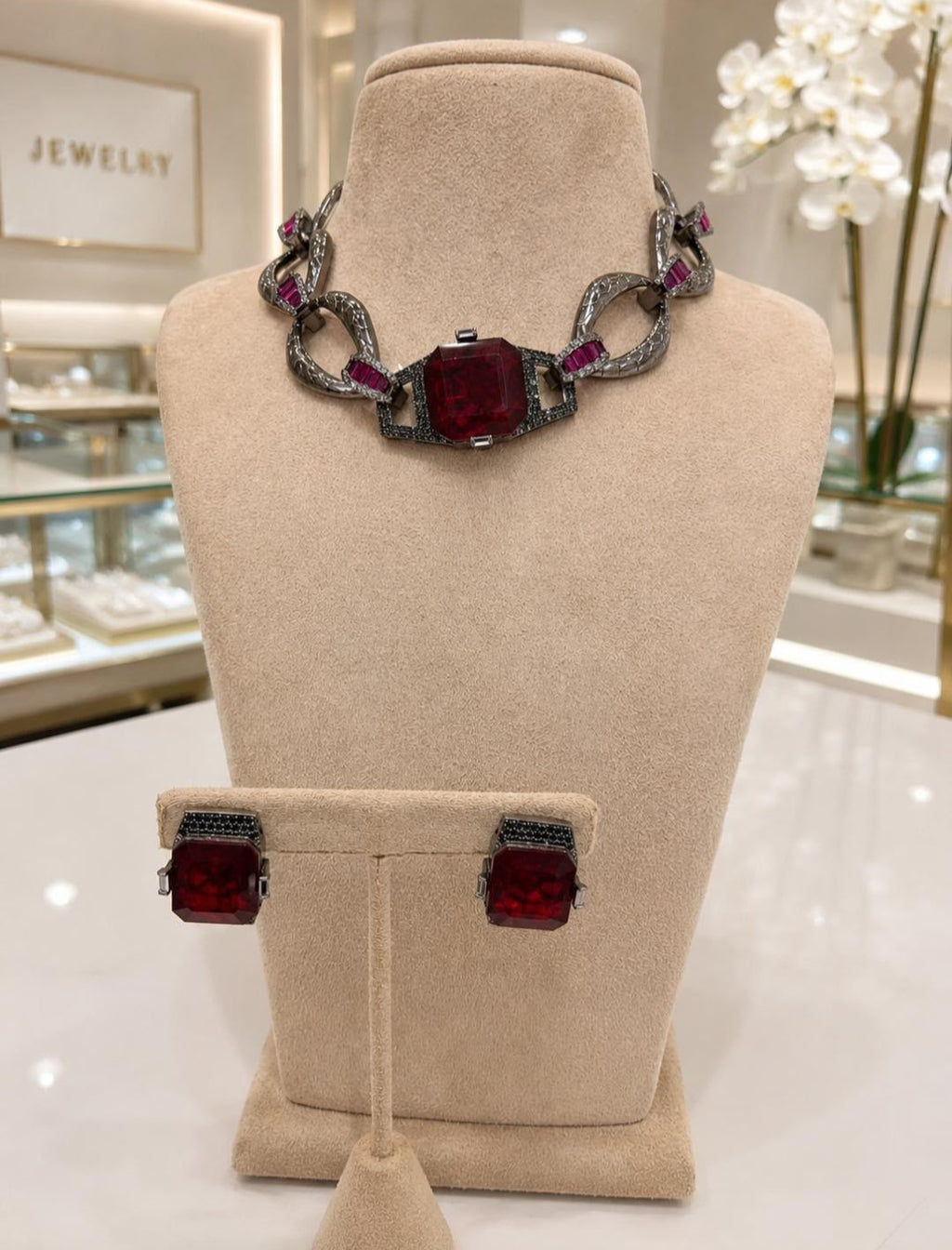 Ruby Red Stone Silver Chain Choker Necklace and Earrings Set