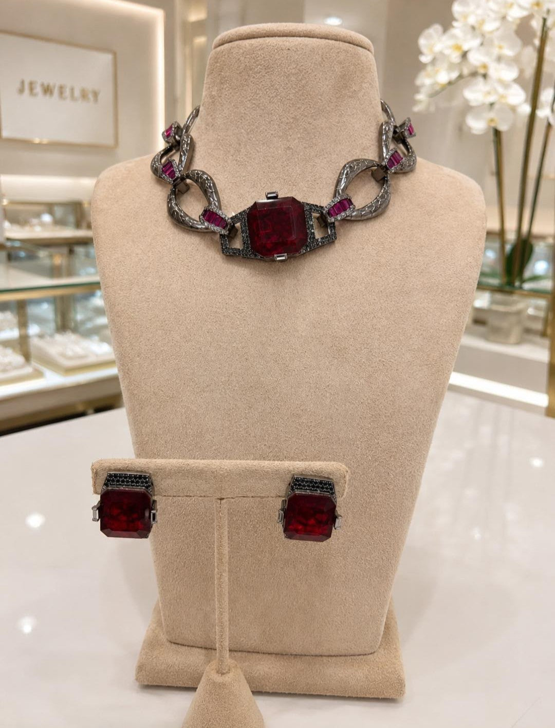 Ruby Red Stone Silver Chain Choker Necklace and Earrings Set
