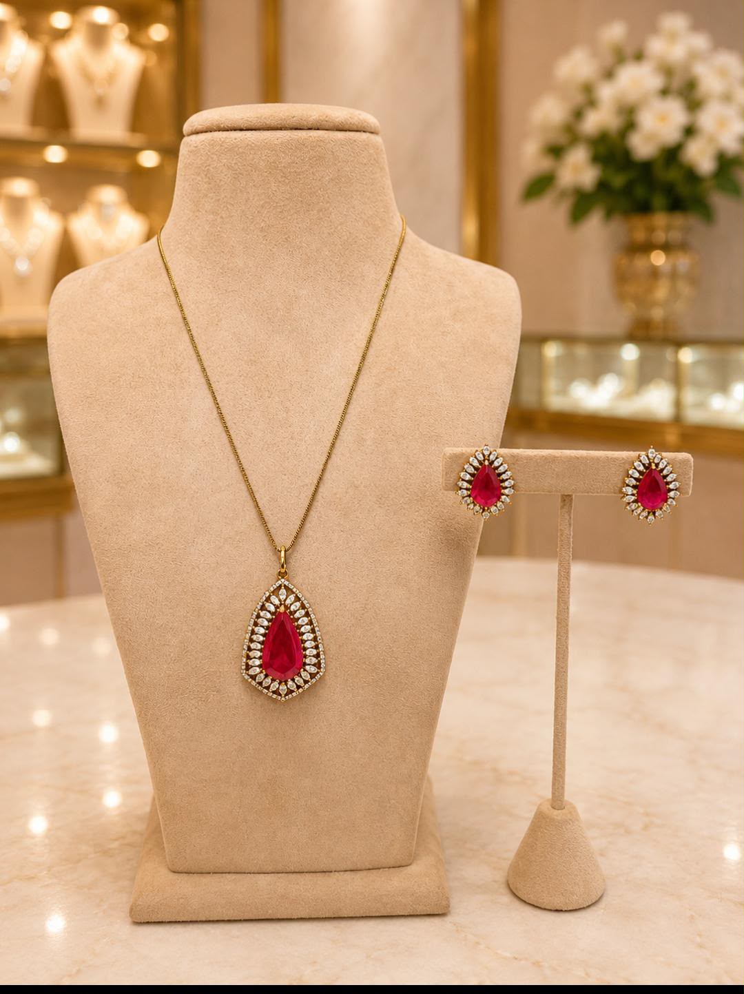 Ruby Red Teardrop Pendant Necklace and Earrings Set