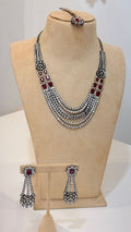 Ruby Stone Silver Layered Necklace Set with Earrings and Tikka