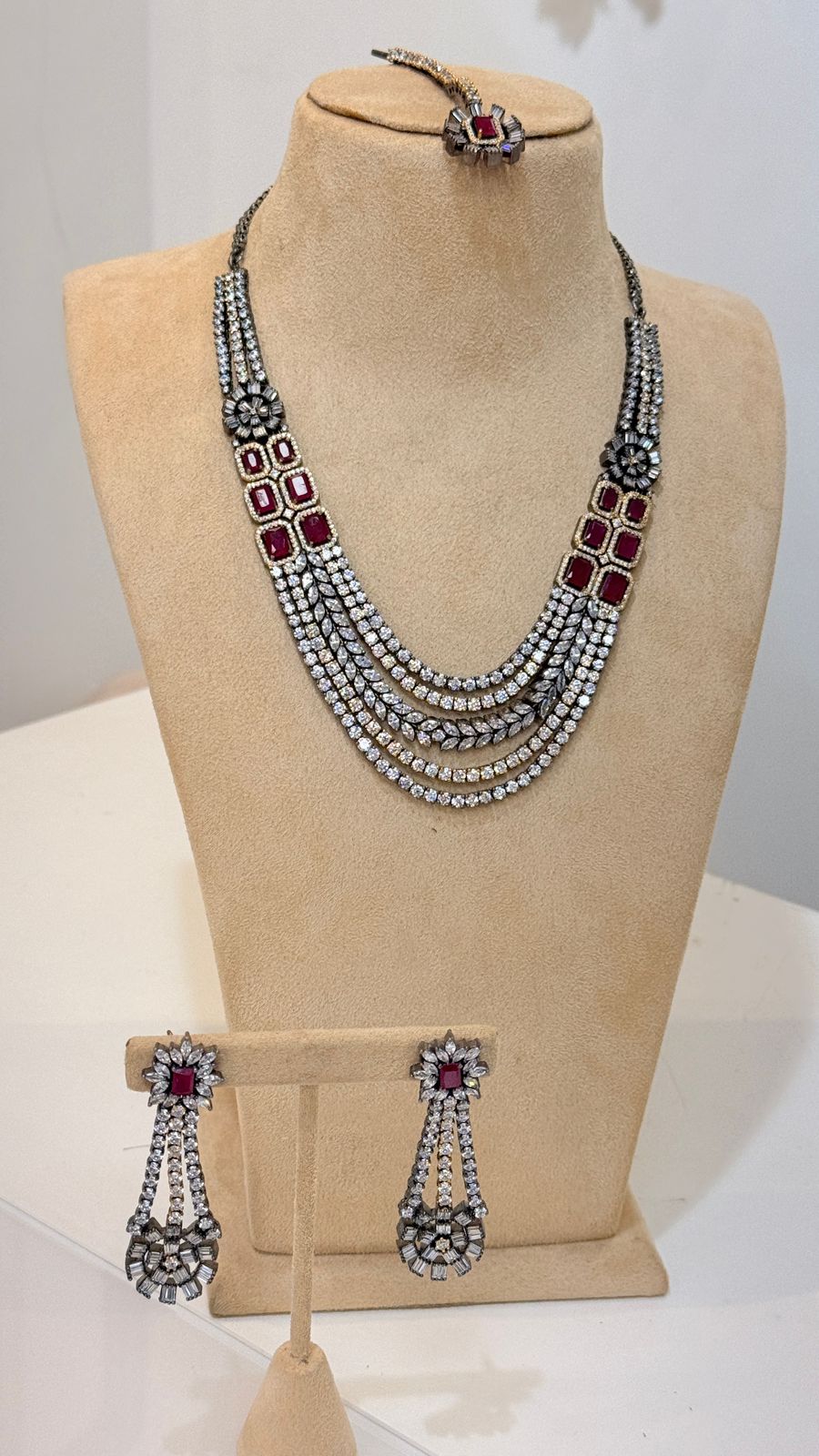 Ruby Stone Silver Layered Necklace Set with Earrings and Tikka