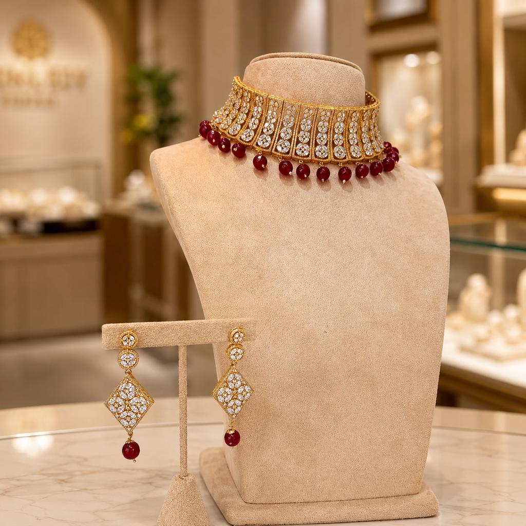 Ruby Bead Gold Crystal Choker Set with Diamond Drop Earrings