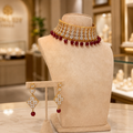 Ruby Bead Gold Crystal Choker Set with Diamond Drop Earrings