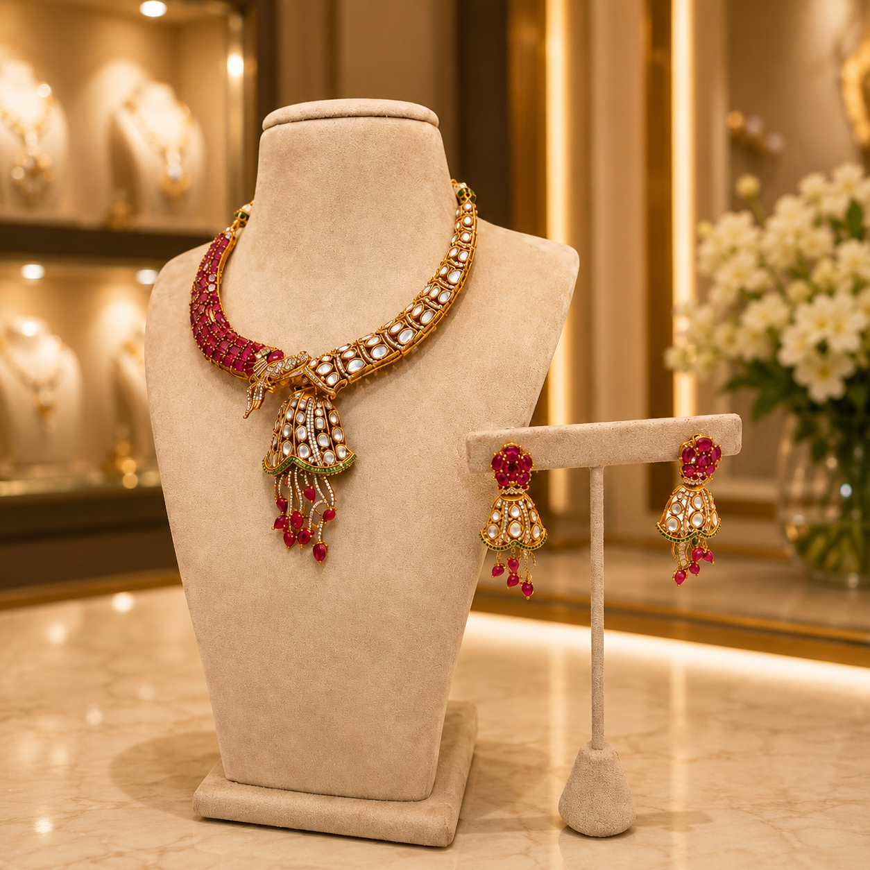 Ruby Pink Kundan Choker Necklace Set with Matching Earrings