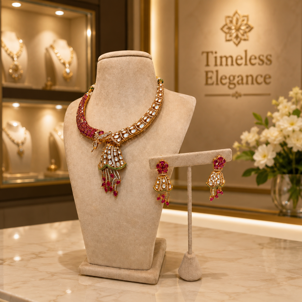 Ruby Pink Kundan Choker Necklace Set with Matching Earrings