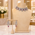 Ruby Pink Silver Crystal Choker Set with Matching Drop Earrings