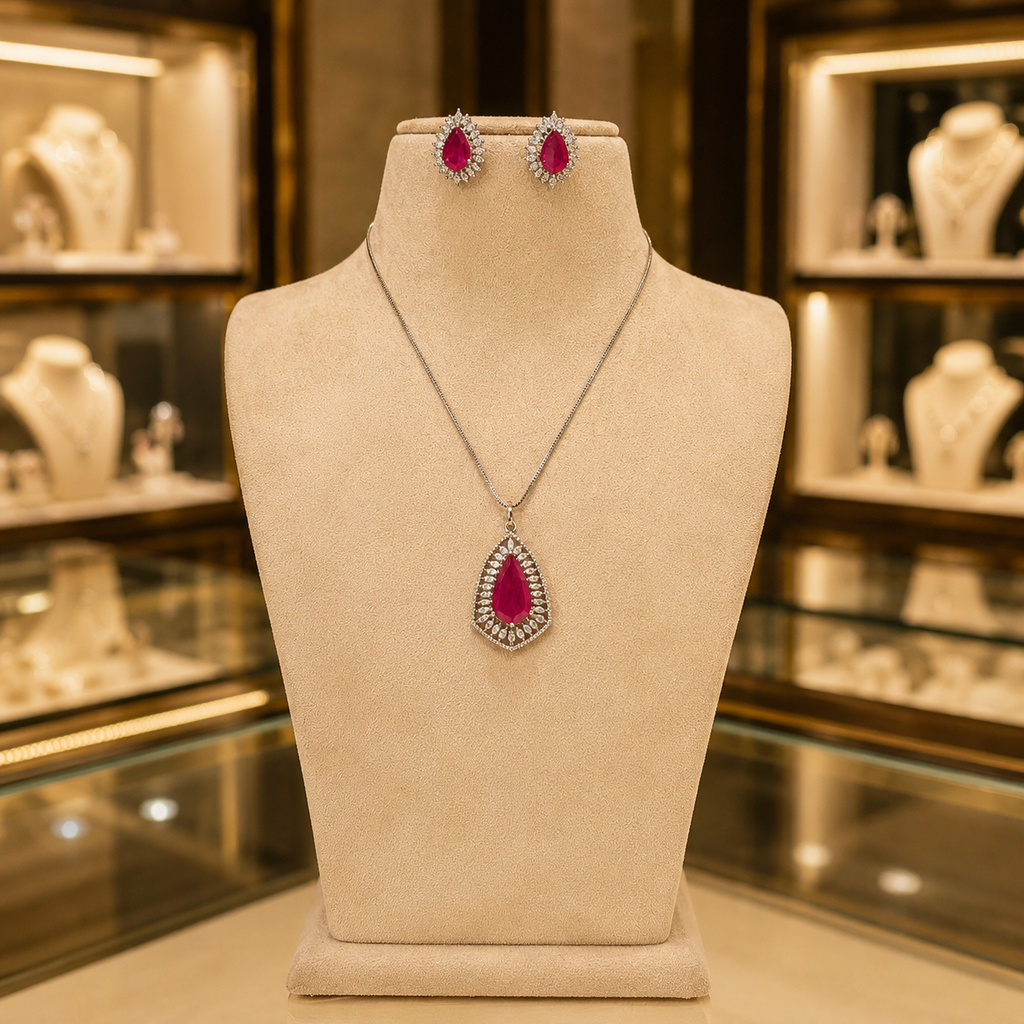 Ruby Pink Teardrop Pendant Necklace Set with Matching Earrings