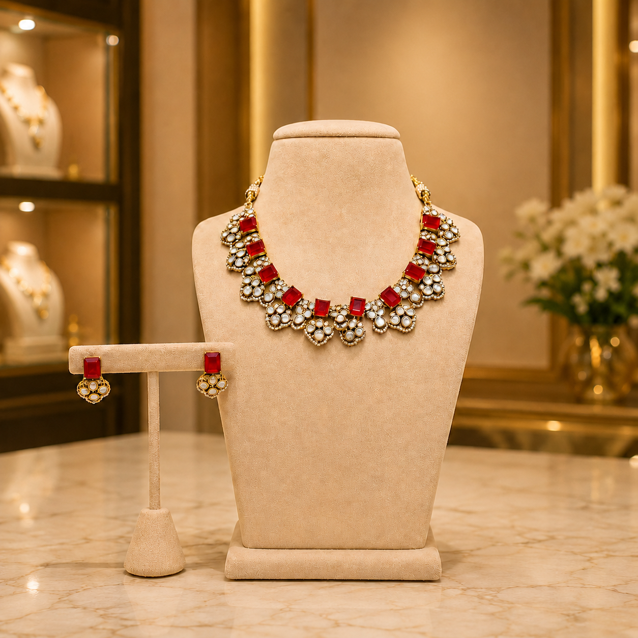 Ruby Red Kundan Choker Necklace Set with Matching Earrings