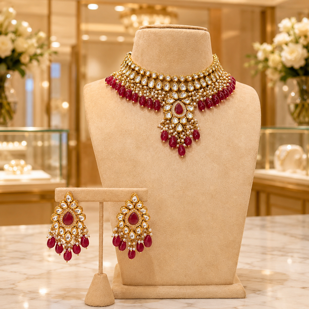 Ruby Red Kundan Choker Set with Pearl Detail Earrings