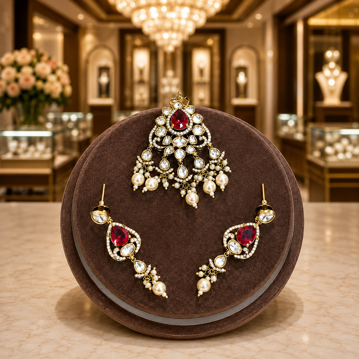 Ruby Red Kundan Pendant Set with Pearl Drop Earrings