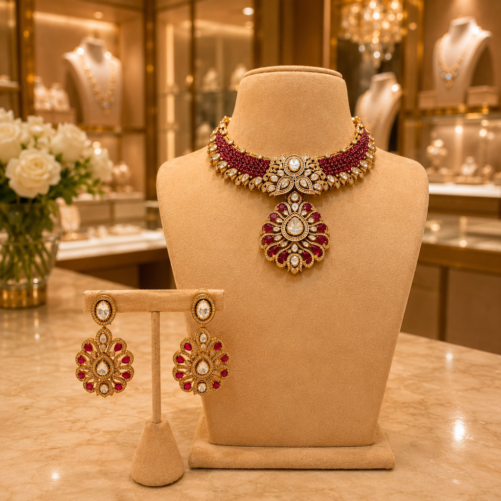 Ruby Red Kundan Style Choker Necklace and Earrings Set