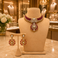 Ruby Red Kundan Style Choker Necklace and Earrings Set