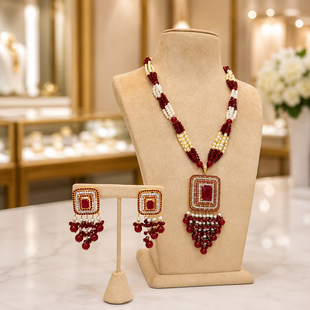 Ruby Red Pearl Kundan Necklace Set with Matching Earrings