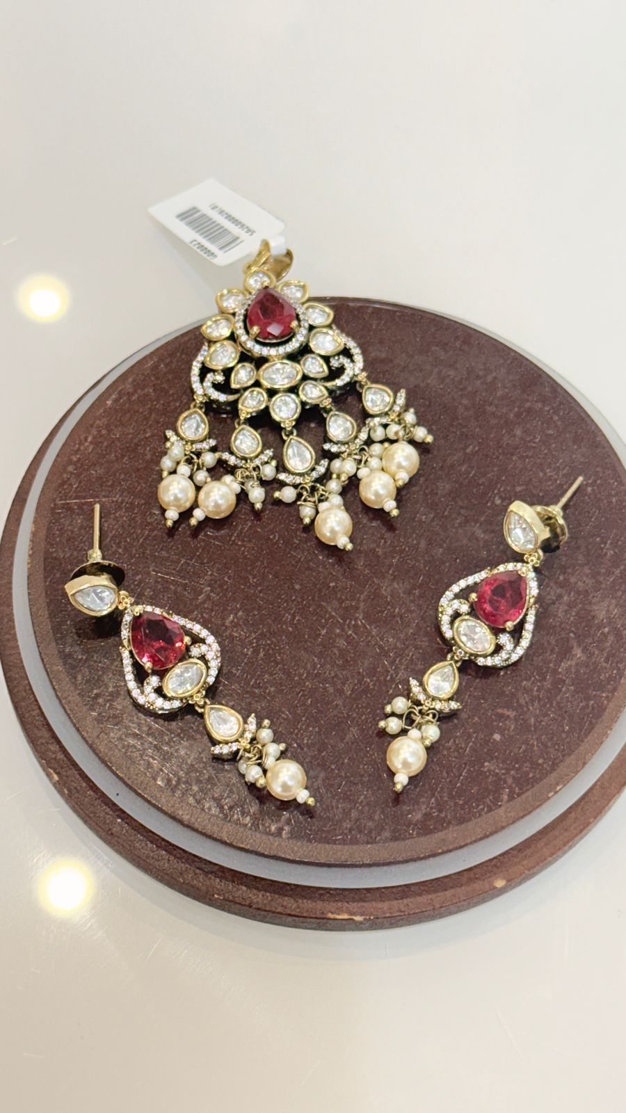 Ruby Red Kundan Pendant Set with Pearl Drop Earrings