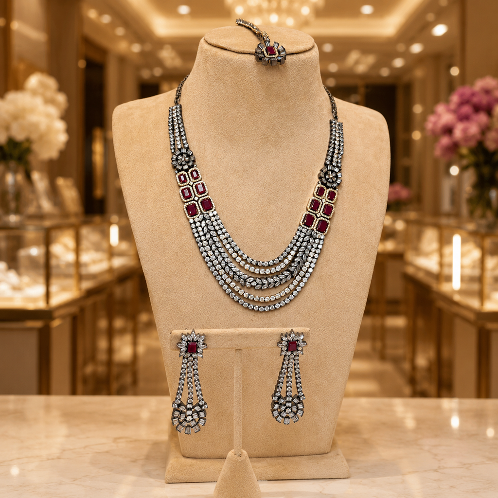 Ruby Stone Silver Layered Necklace Set with Earrings and Tikka