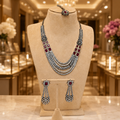 Ruby Stone Silver Layered Necklace Set with Earrings and Tikka