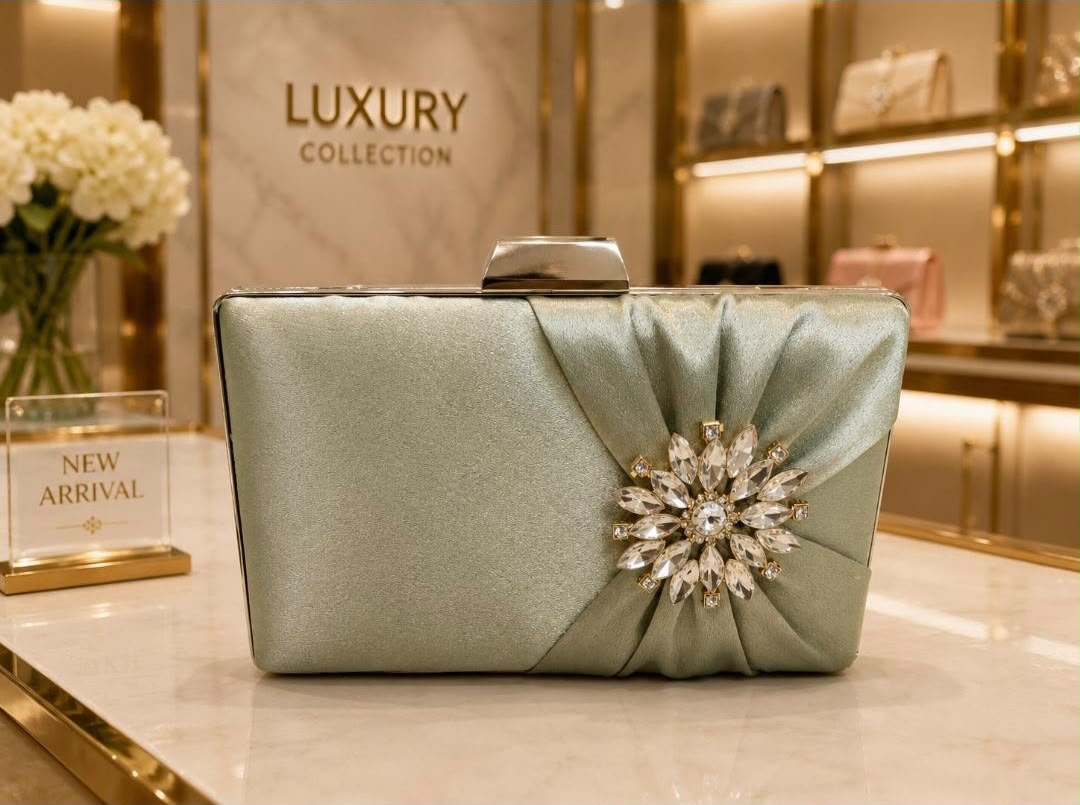 Sage Green Satin Crystal Clutch Bag
