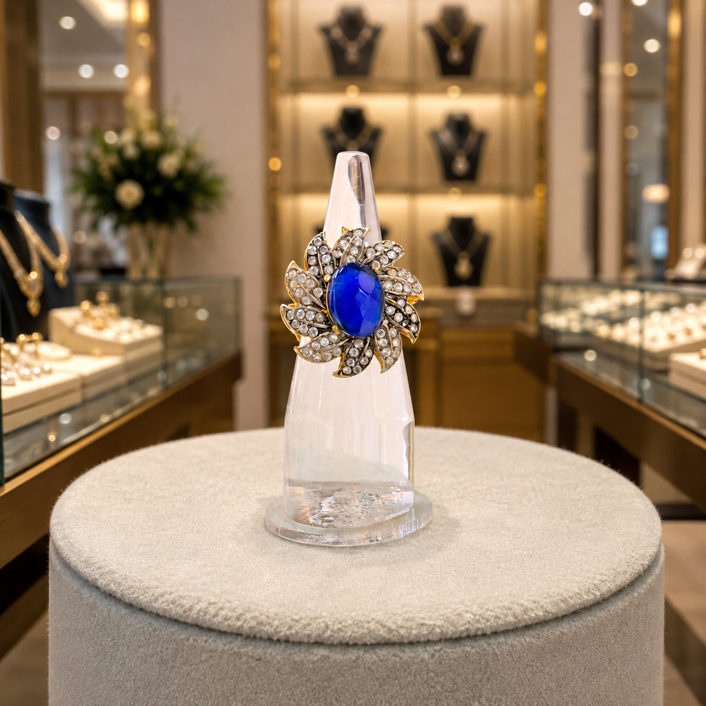 Silver-Tone Blue Floral Ring with Crystal Petal Design