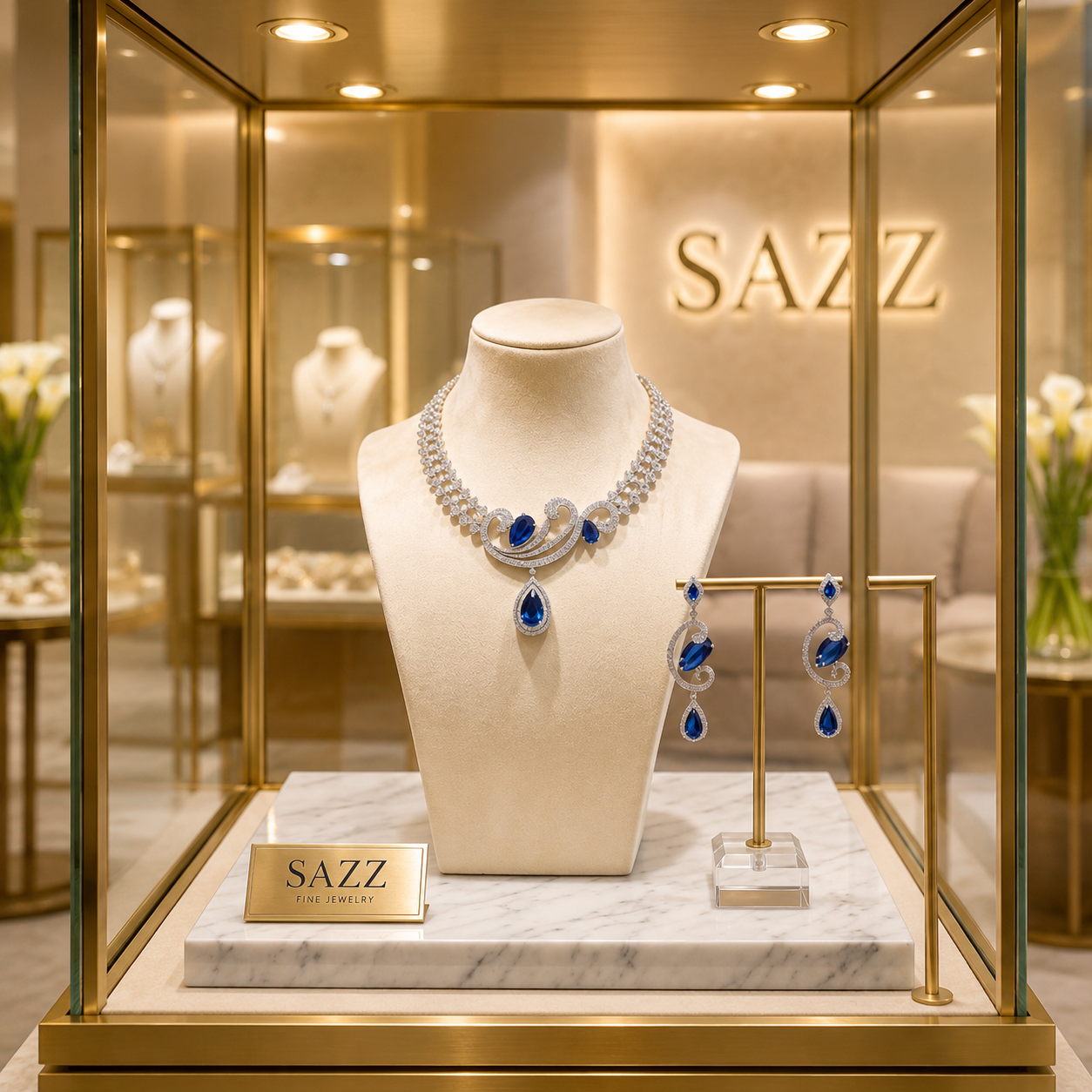 Silver-tone blue stone necklace with teardrop pendant and matching drop earrings