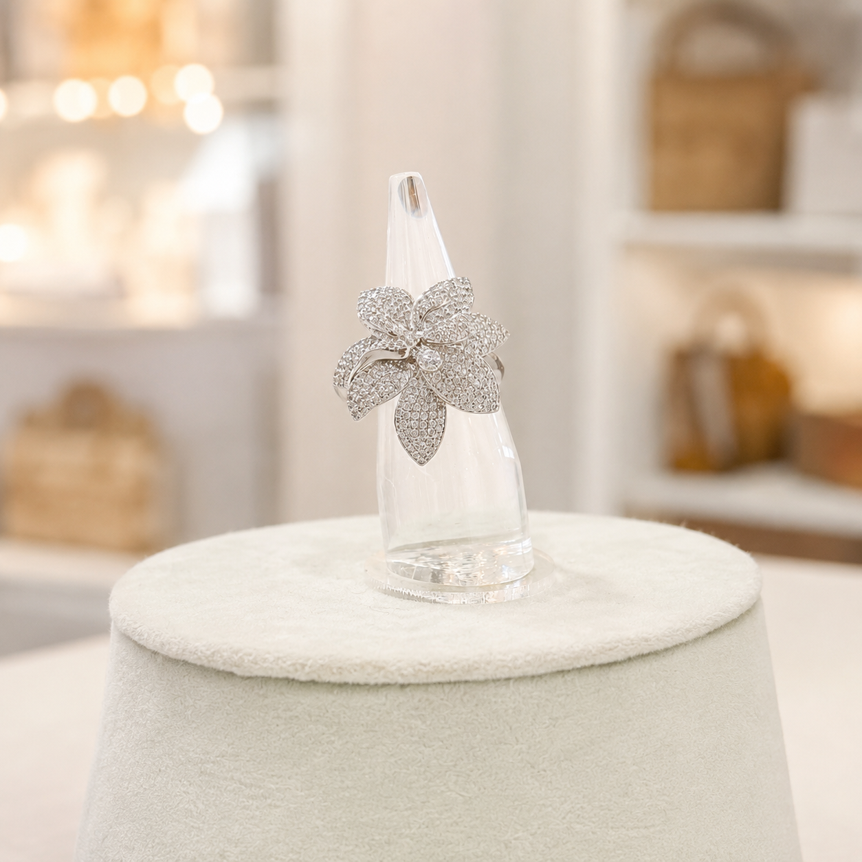 Silver-Tone Crystal Flower Ring with Layered Petals