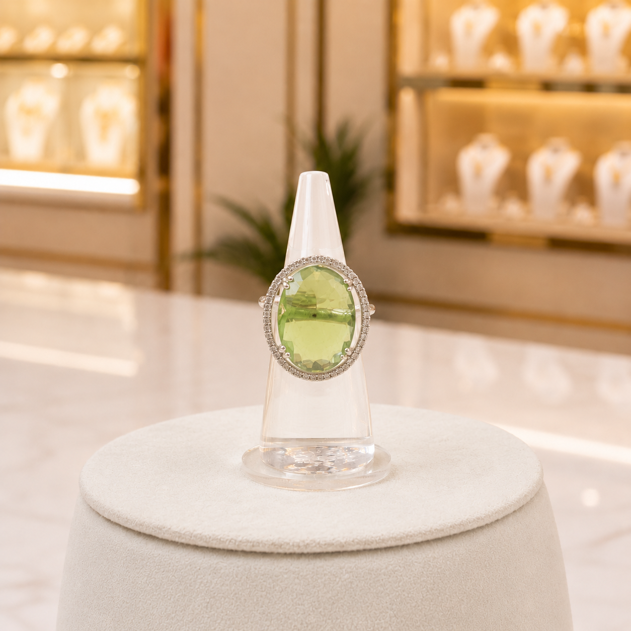 Silver-Tone Light Green Oval Stone Ring