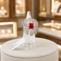 Silver-Tone Red Rectangular Ring with Crystal Floral Halo