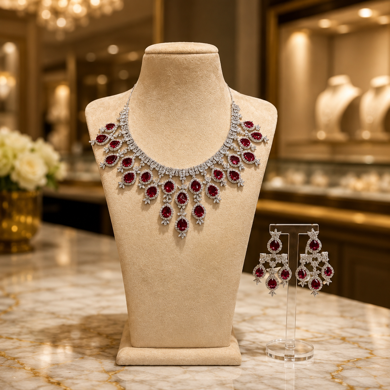 Silver-tone red stone necklace and matching drop earring set with clear stone accents