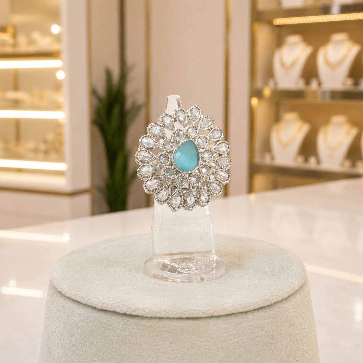Silver-Tone Turquoise Teardrop Ring with Clear Teardrop Stones