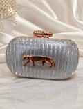 Silver Crystal Clutch Bag with Rose Gold Panther Detail