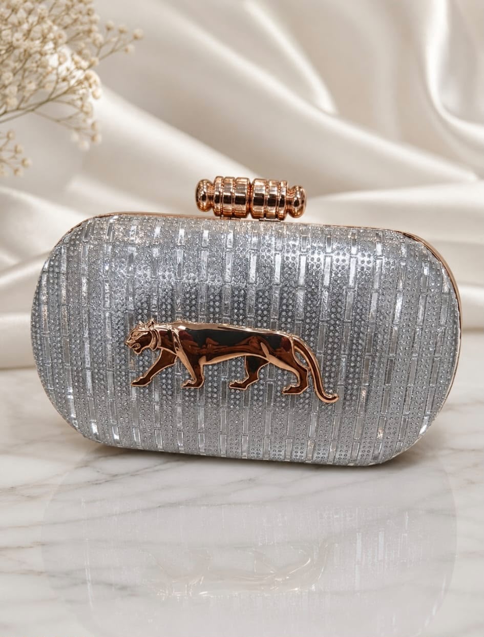 Silver Crystal Clutch Bag with Rose Gold Panther Detail