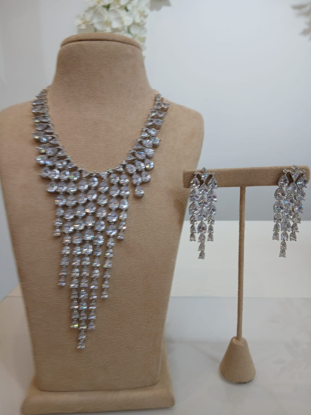 Silver Crystal Waterfall Necklace Set with Matching Drop Earrings