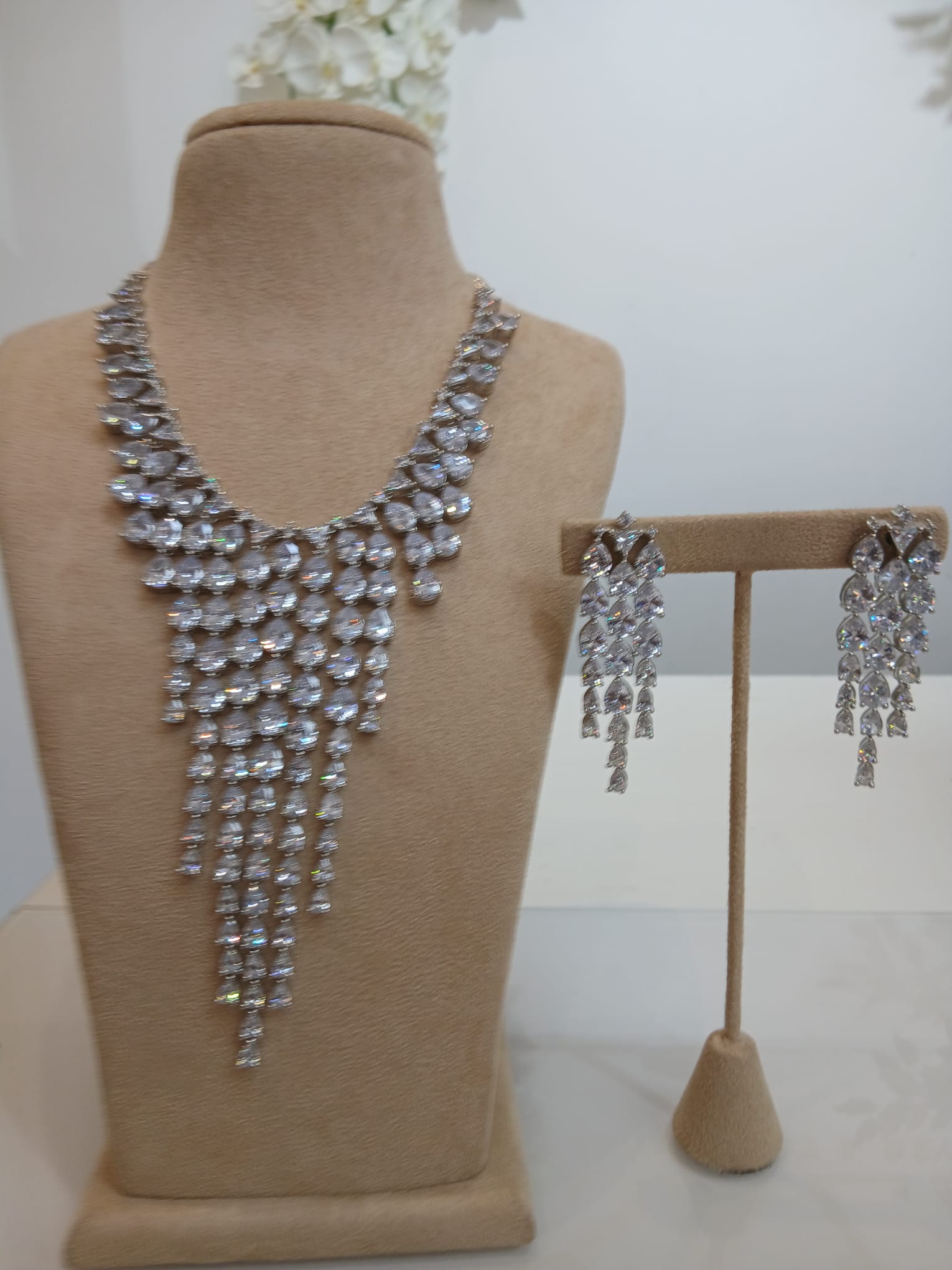 Silver Crystal Waterfall Necklace Set with Matching Drop Earrings