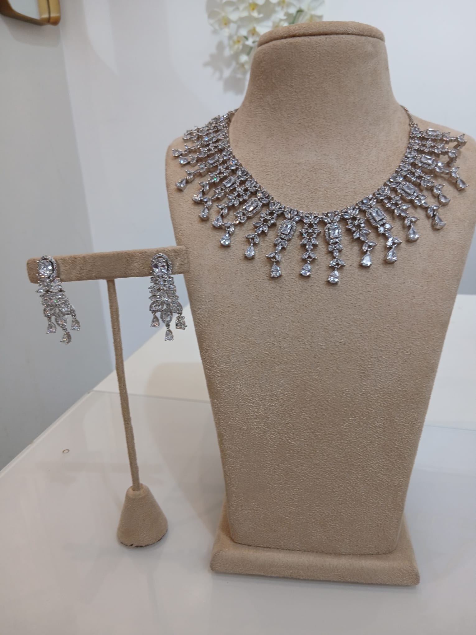 Silver Diamond-Style Cascade Necklace Set with Matching Earrings